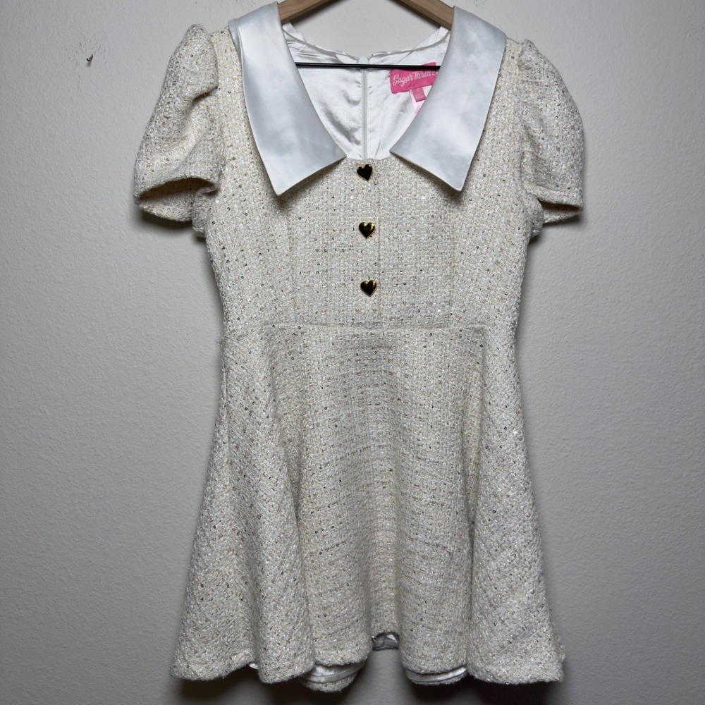 Sugar Thrillz Women Mini Dress Small White Tan Tweed Heart Button Sequin Preppy